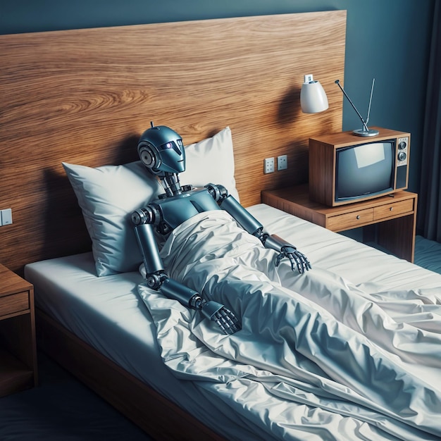 Foto moderner humanoider roboter, der in einem hotelzimmerbett schläft