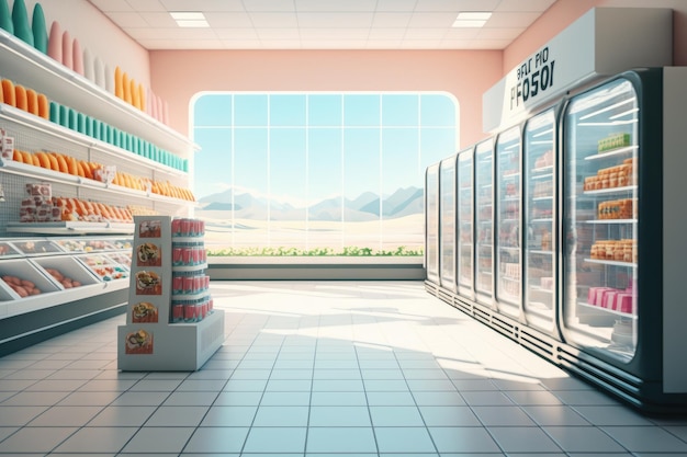 Moderner, intelligenter Supermarkt mit futuristischem Design, großen Fenstern und einem hellen Sommertag Generative KI