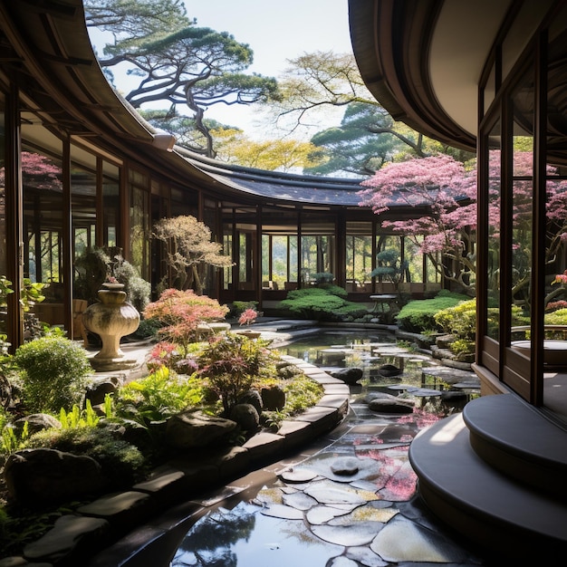 Moderner japanischer Innenhofgarten mit Trittsteinen und Koi-Teich