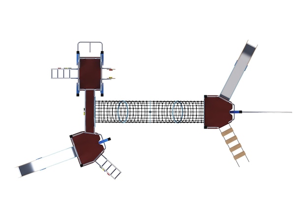 Moderner Kinderspielkomplex auf weißem Hintergrund. Sicht von oben. Nahansicht. Beschneidungspfad enthalten. 3D-Rendering.