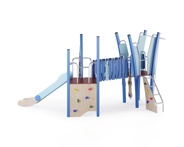 Moderner Kinderspielkomplex auf weißem Hintergrund. Spielgeräte mit Rutsche, Treppen und Türmen zum Aufstellen in den Höfen. Nahansicht. Beschneidungspfad enthalten. 3D-Rendering.