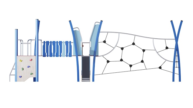 Moderner Kinderspielkomplex auf weißem Hintergrund. Spielgeräte mit Rutsche, Treppen und Türmen zum Aufstellen in den Höfen. Nahansicht. Beschneidungspfad enthalten. 3D-Rendering.