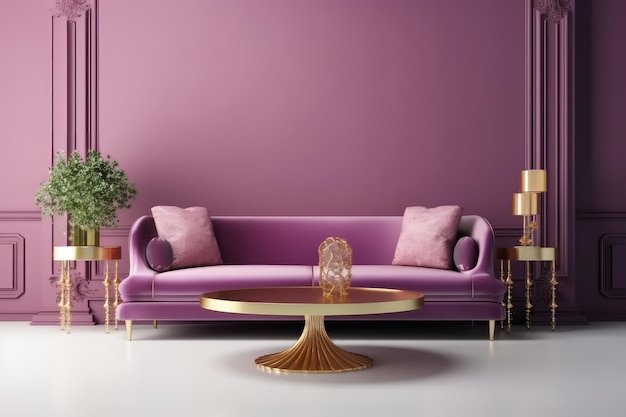 Moderner klassischer Stil mit rosa Sofa und goldenem Tisch auf lila Hintergrund generativer KI