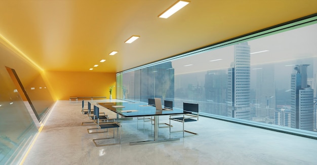 Moderner Konferenz-Besprechungsraum mit orangefarbener Wand, Zementboden und Glasfassadenbeleuchtung