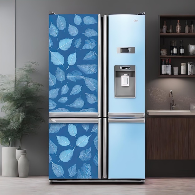 moderner Kühlschrank mit verschiedenen Produkten auf hellem Hintergrund, Nahaufnahmemoderner Kühlschrank mit verschiedenen Produkten