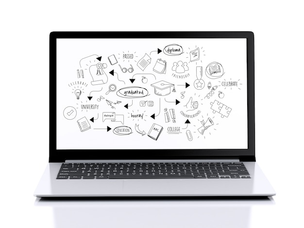 Moderner Laptop 3d mit Bildungsskizze