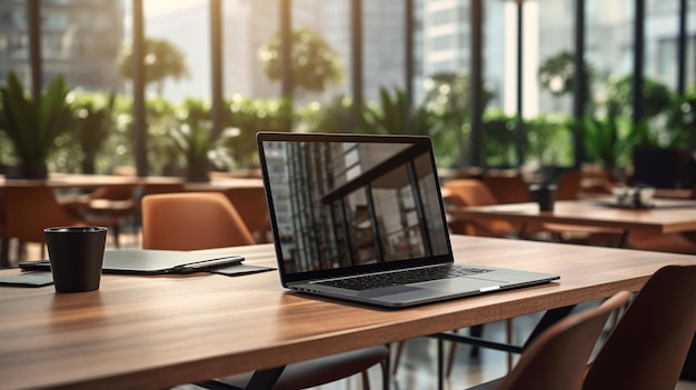 Moderner Laptop mit leerem Bildschirm auf einem Holztisch 3D-Rendering