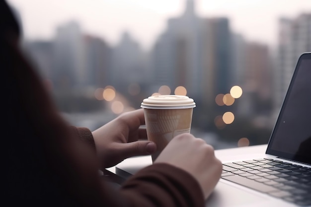 Moderner Laptop mit verschwommenem Bildschirm und Papiertasse Kaffee auf Tisch generativer ai