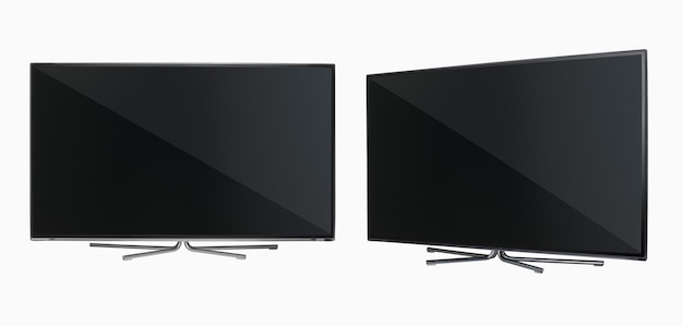 Moderner LCD-Flachbildfernseher mit Metallbeinen in zwei Positionen auf weißem Hintergrund