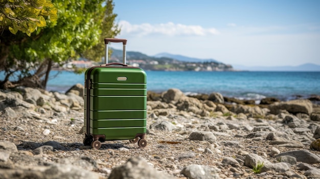 Moderner, lebendiger Koffer mit Rädern am Sandstrand für Reisen und Tourismus mit Platz für Text