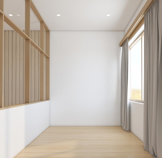 Moderner leerer Raum im japanischen Stil mit Glaswand und weißer Wand, 3D-Rendering