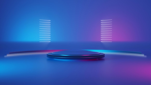 Moderner, leerer, reflektierender Raum mit lila und blau leuchtenden Neonröhren formen den leeren Raum 3d