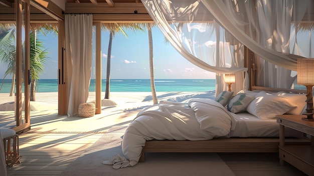 Moderner Luxus im Urlaub Großes Bild mit Blick auf das Schlafzimmer am Meer