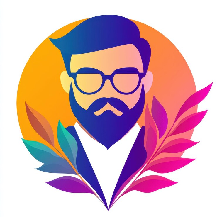 Foto moderner mann in brille, umgeben von bunten blättern auf einem orangefarbenen hintergrund