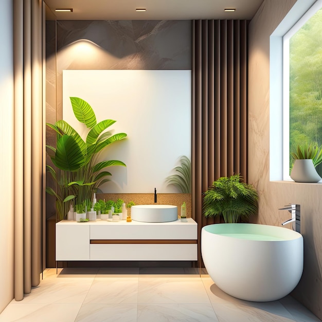 Moderner, minimalistischer Badezimmerwaschtisch aus weißem Marmor und raumgrüne tropische Bambuspalme in der Sonne