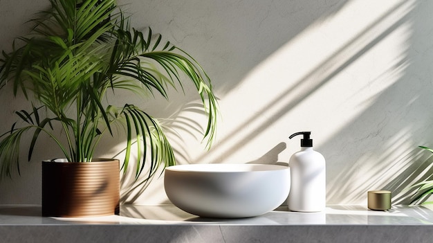 Moderner, minimalistischer Badezimmerwaschtisch aus weißem Marmorstein und generative KI aus tropischem Bambus in Weltraumgrün