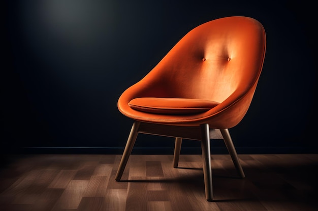 Moderner orangefarbener Stuhl in einem dunklen Raum mit Holzboden