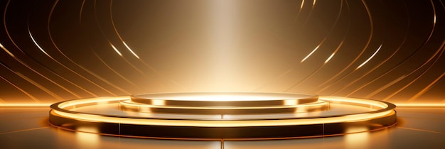 Moderner Podium-Hintergrund mit schlanken goldenen Linien und einer beleuchteten Bühnenplattform, perfekt für die Vorführung von Generative AI