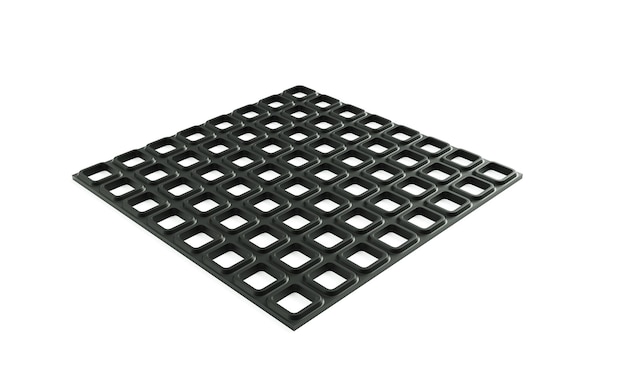 Moderner rechteckiger dunkelblauer Teppich mit grauem geometrischem Muster auf weißem Hintergrund. 3D-Rendering