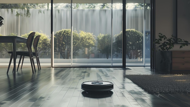 Moderner Roboter-Staubsauger auf einem glänzenden Holzboden Sauber Wohnraum Automatisches Hausreinigungsgerät in Aktion Minimalistisches Innenarchitektur KI
