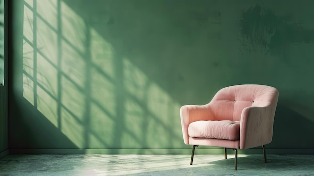 Moderner rosa Samt-Sessel in einem minimalistischen Innenraum mit natürlichem Licht