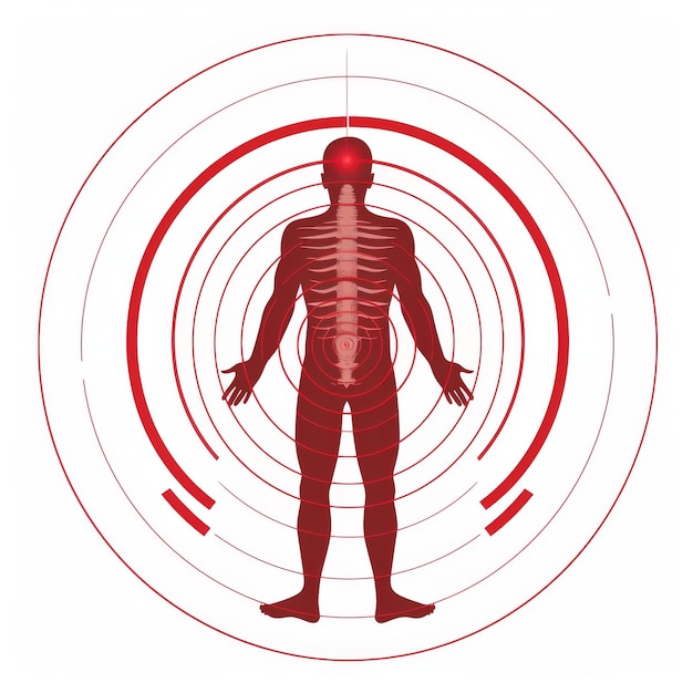 Foto moderner satz von schmerzziel-symbolen für schmerzmittel-werbung schmerzkreis mit roten körperverletzungspunkten kopfschmerzen muskel- und gelenkschmerzpunkte