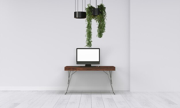 Moderner Schreibtisch in sauberem und hellem Studio-Mockup mit Designerwand