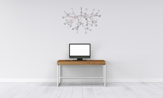 Moderner Schreibtisch in sauberem und hellen Studio-Mockup mit Designerwand