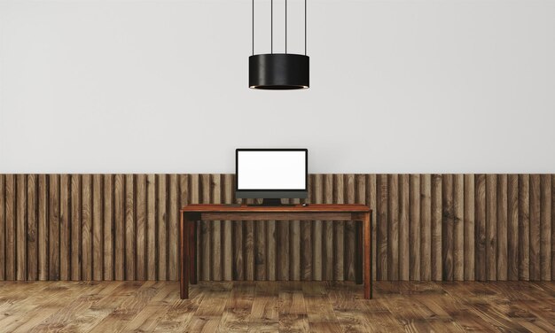 Moderner Schreibtisch in sauberem und hellen Studio-Mockup mit Designerwand