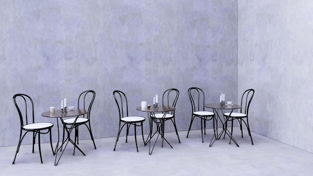 Moderner Speisesaal im Freien mit industriellem Konzept, polnischer Zementhintergrund