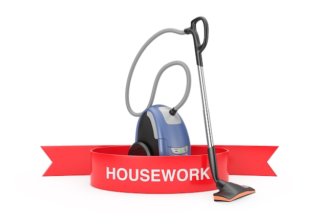 Moderner Staubsauger mit Red Ribbon Housework Sign auf weißem Hintergrund 3D-Rendering