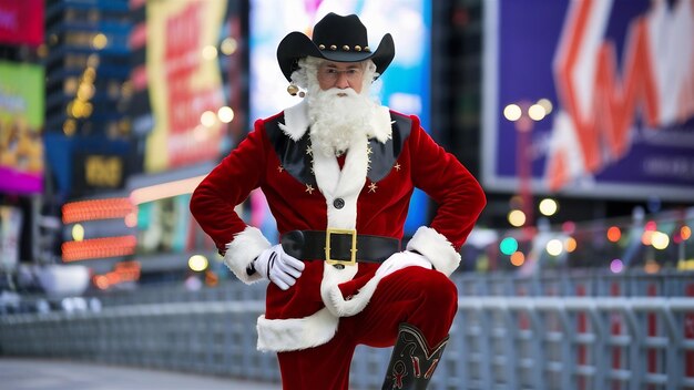 Moderner stilvoller Weihnachtsmann in rotem modischen Anzug und Cowboyhut