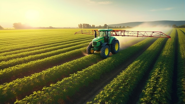 Foto moderner traktor arbeitet auf dem feld mit sonnenuntergangslicht