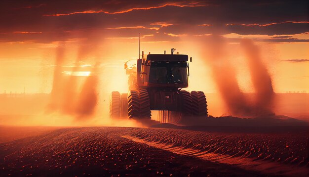 Moderner Traktor bei Sonnenuntergang oder Sonnenaufgang