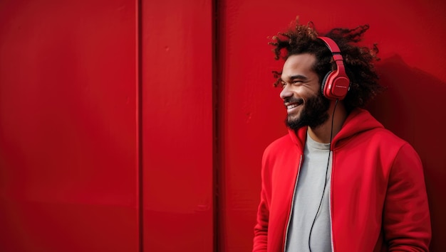 Moderner und cooler amerikanischer Mann, der mit Smiley und fröhlicher Einstellung Musik über Kopfhörer hört