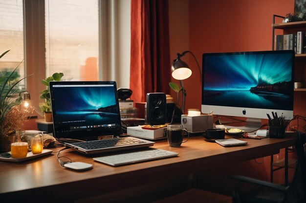 Moderner und komfortabler Arbeitsplatz zu Hause, auf dem Tisch stehen Computer und Laptop