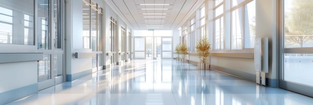 moderner und leichter Krankenhauskorridor mit Glastürbanner