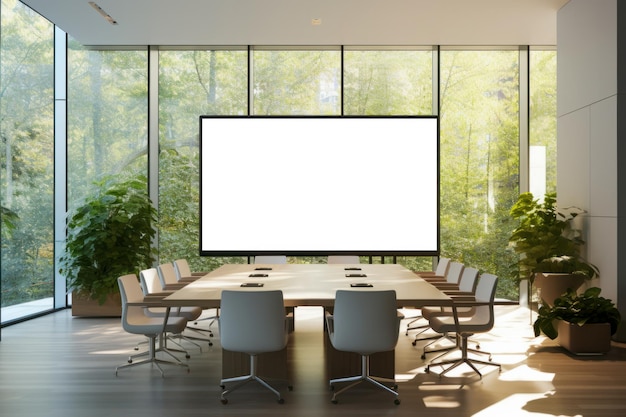 Moderner und umweltfreundlicher Büro-Besprechungsraum, großer leerer weißer TV-Präsentationsbildschirm