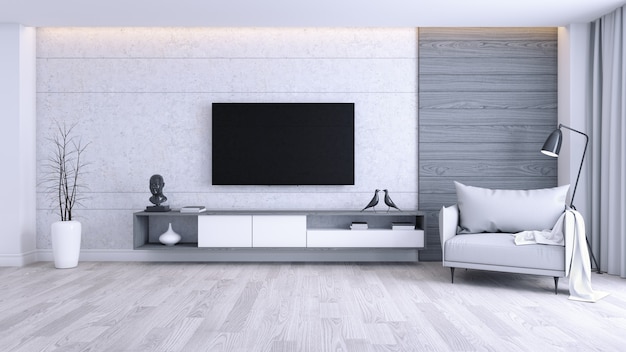 Moderner und unbedeutender innenraum des wohnzimmers, grauer lehnsessel mit weißer fernsehkabine