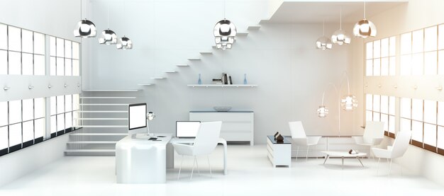 Moderner weißer Büroinnenraum mit Wiedergabe des Computers und der Geräte 3D