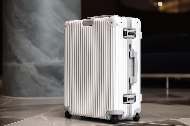moderner weißer Koffer am Flughafen Reisekonzept KI