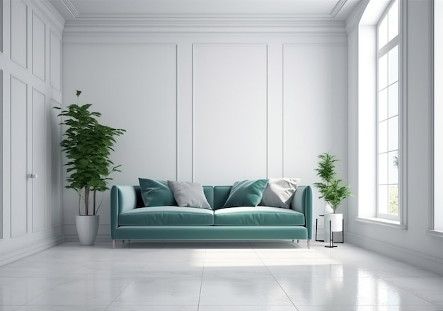 moderner weißer raum mit grünpflanze und dunkelblauem sofa minimalistischem hintergrund