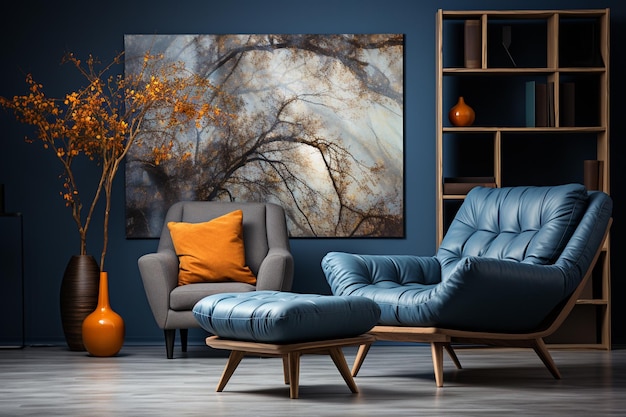 Moderner Wohnzimmerinnenraum mit blauem Sofa