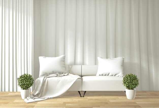 Moderner Wohnzimmerinnenraum mit japanischer Art des Sofa- und Grünpflanzeraumes