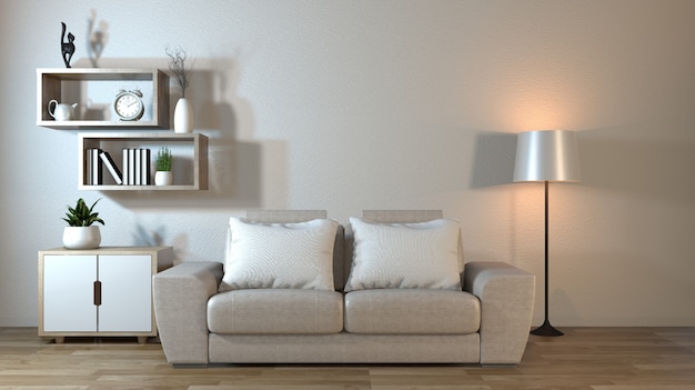Moderner Wohnzimmerinnenraum mit Sofa und Grünpflanzen, Lampe, Tabellenzenart.