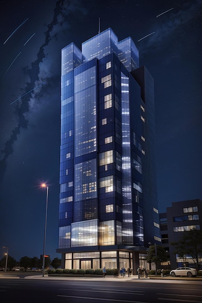 Moderner Wolkenkratzer mit Glasfassade und beleuchteten Fenstern vor einem sternenklaren Nachthimmel