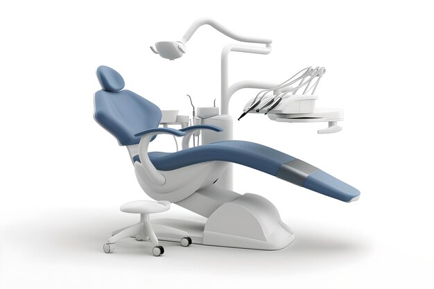 Moderner Zahnstuhl isoliert auf weißem Hintergrund Zahnklinik Ausrüstung Konzept professionelle medizinische Werkzeuge KI