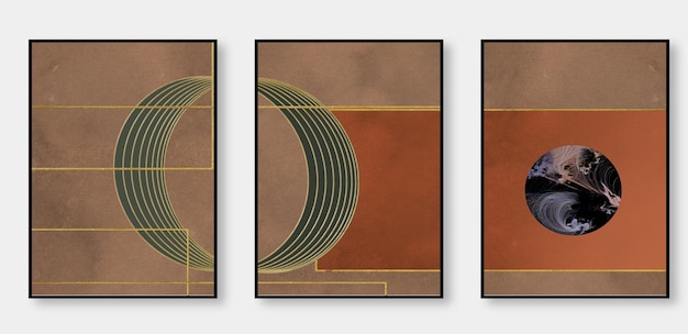 Modernes abstraktes Goldlinien-Triptychon mit geometrischem Hintergrund