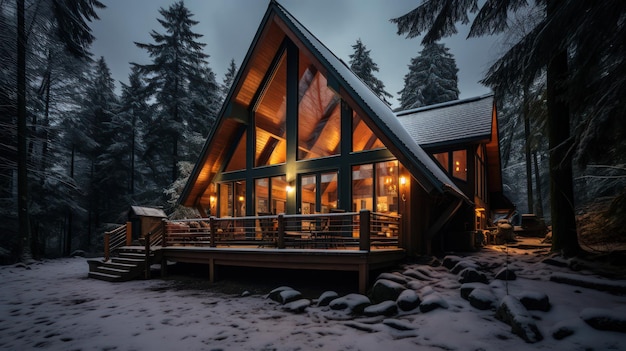 Modernes ästhetisches Landhaus in einem schönen Winterwald