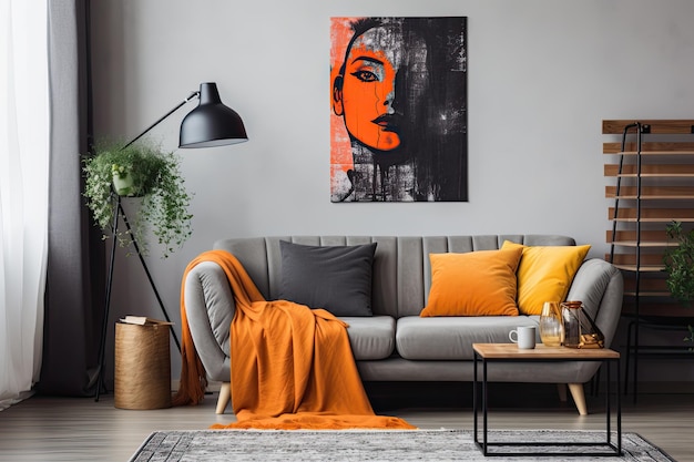 Modernes Apartment-Interieur mit grauem Sofa, Holztisch und orangefarbener Decke. Echtes Foto von Stylish